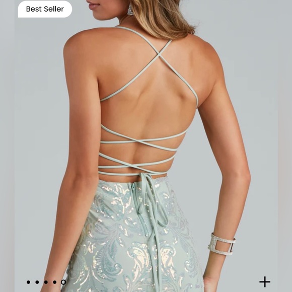 Mint Colour Sequin Prom Dress - Picture 3 of 6